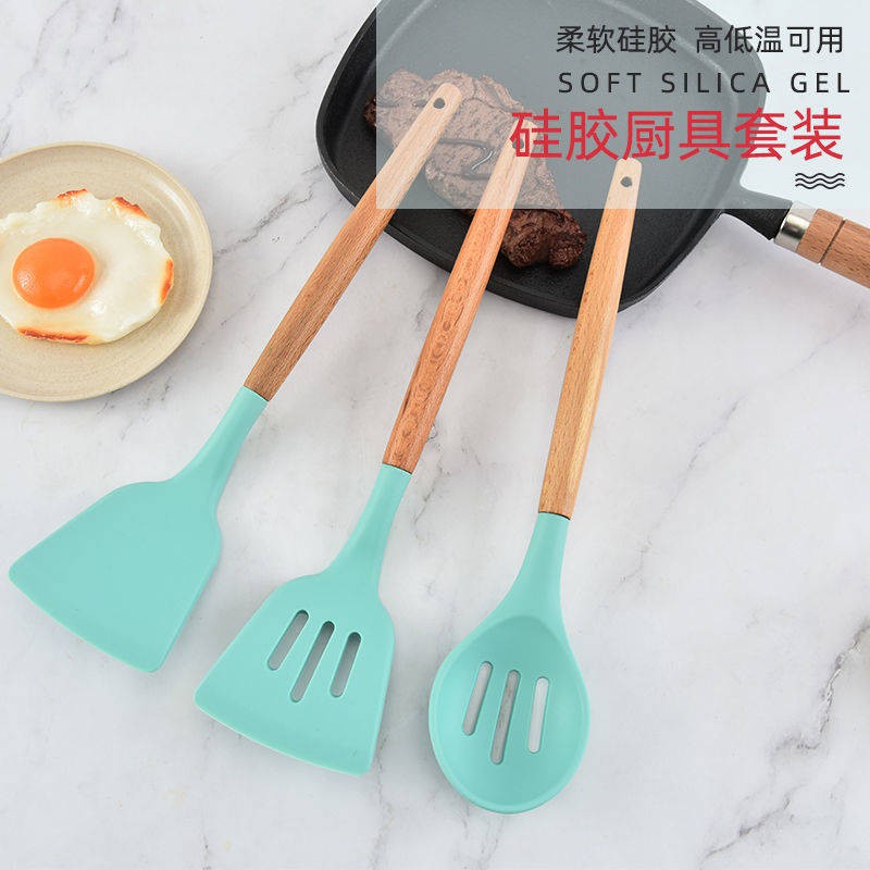 ✲Muỗng cơm bằng silicone có tay cầm bằng gỗ Chống dính ở nhiệt độ cao Dụng cụ nấu ăn Đặc biệt Đồ dùng nhà bếp Bộ đồ ăn l