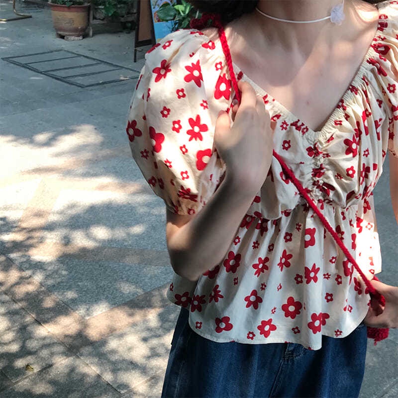 Áo Kiểu Tay Phồng Cổ Chữ V Xếp Ly In Họa Tiết Hoa Phong Cách Hàn Quốc Thời Trang Cho Nữ