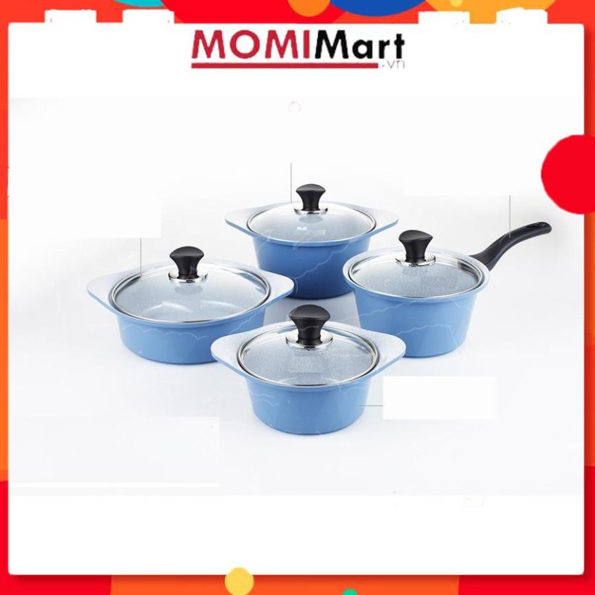 BỘ 4 NỒI ECORAMIC ĐÚC NGUYÊN KHỐI Hàn Quốc. Nồi 1 tay cầm 18cm, Nồi 2 tay cầm 20-22-24cm