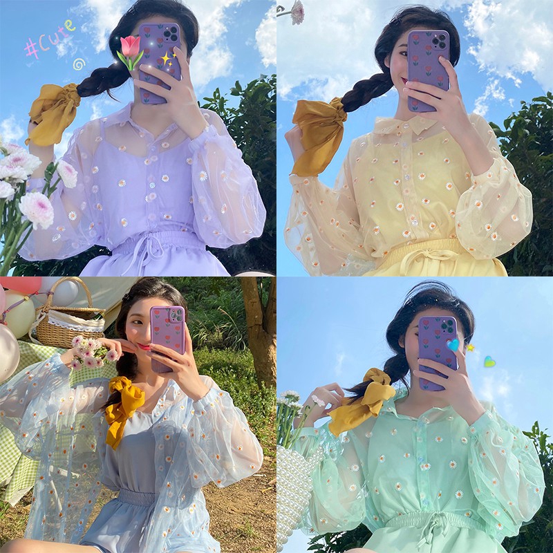 Áo Sơ Mi Đi Biển Tay Dài Dáng Rộng Họa Tiết Hoa Cúc Phong Cách Hàn Quốc