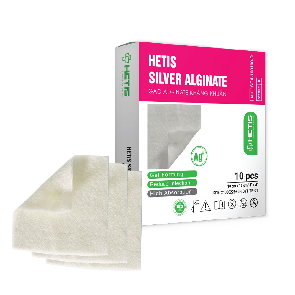 Miếng Gạc HETIS Alginate Silver kháng khuẩn - Thấm hút dịch, liền thương nhanh, chế sự phát triển của vi khuẩn SCA100100