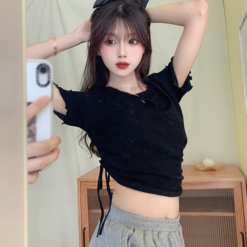 Áo Thun Tay Ngắn Dáng Ôm Phối Dây Rút Cá Tính Trẻ Trung Hợp Thời Trang