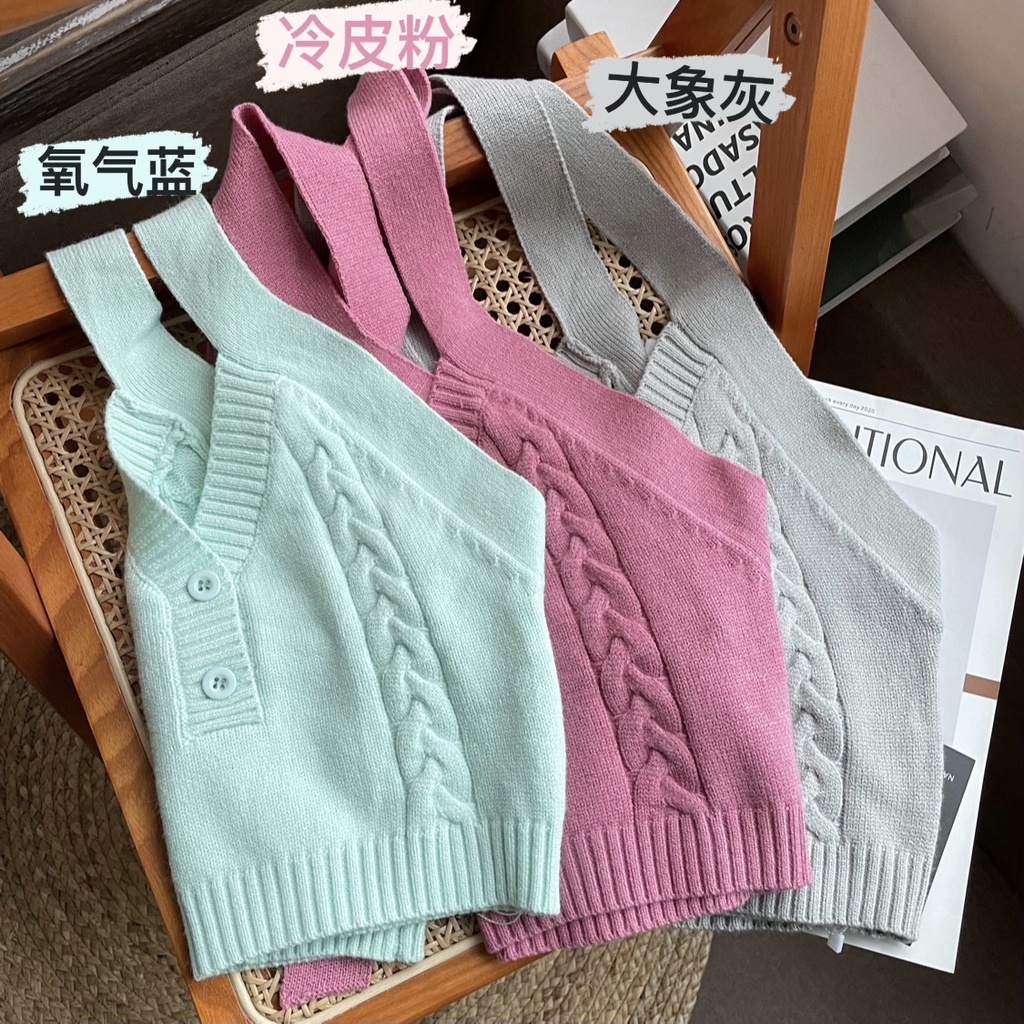 SUXI Áo Croptop Sát Nách Cổ Chữ V Chất Liệu Dệt Kim Phong Cách Thời Trang Hàn Quốc