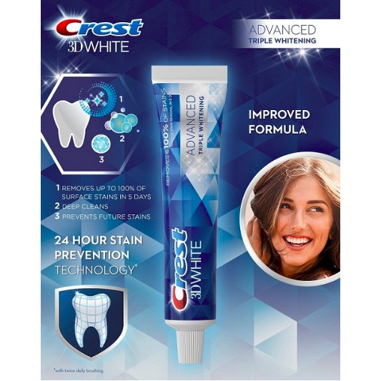 Kem đánh răng Crest 3D Advance Triple Whitening Toothpaste làm trắng răng / Gum Detoxify bảo vệ nướu / Complete thơm mi