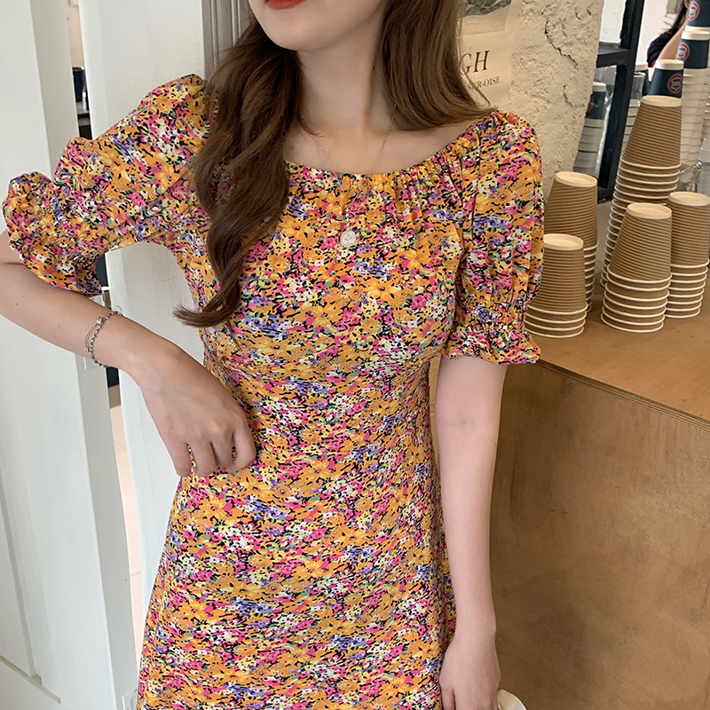 SUXI Đầm Nữ Ngắn Tay Cổ Tròn In Hoa Thời Trang