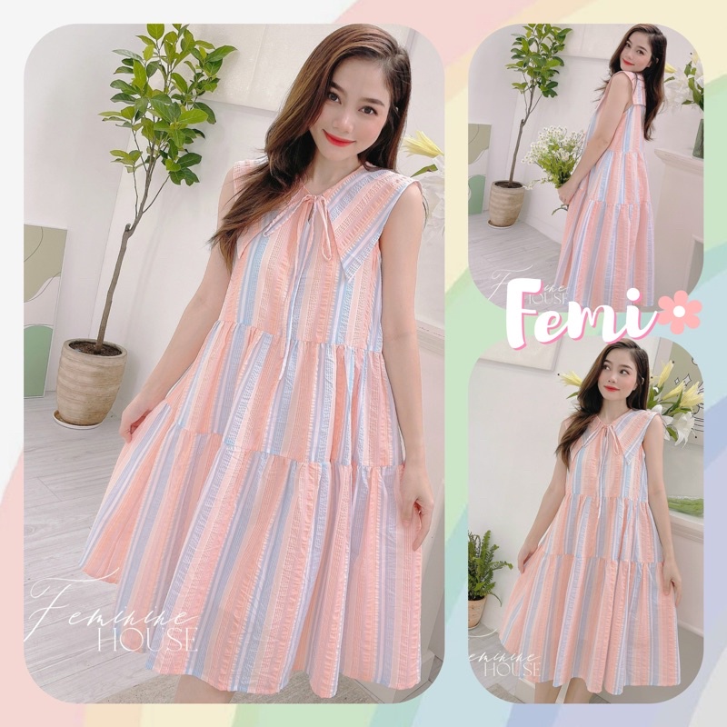 Đầm Sọc Cổ Thuỷ Thủ, đầm thủy thủ uzzang, đầm đi biển, váy đi du lịch, màu cam xinh xắn, đầm maxi.