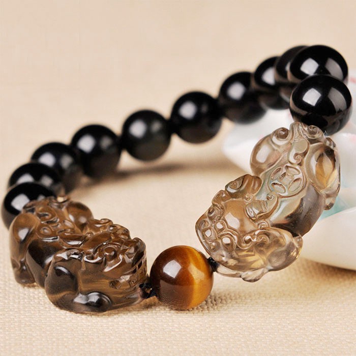 Vòng đeo tay mặt hình tỳ hưu đá obsidian chất lượng