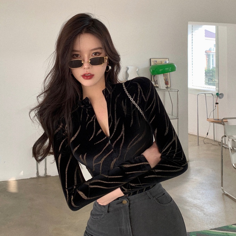 Áo nhung dài tay cổ chữ V thời trang mùa thu dành cho nữ