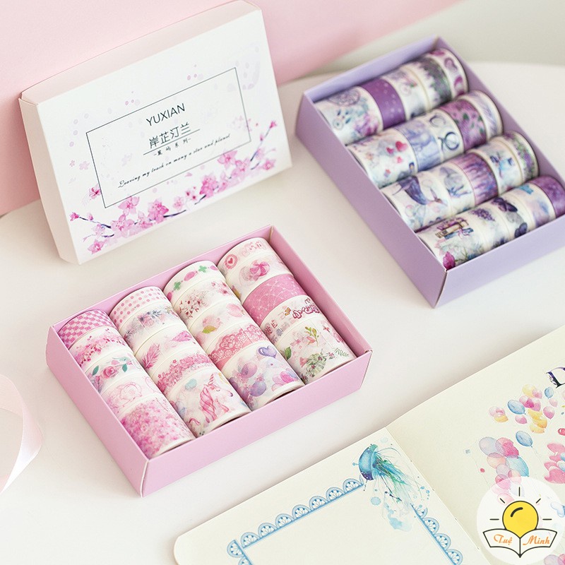 Set hộp 20 cuộn Washi tape Băng dính trang trí sổ bullet journal, planner, sổ tay, album