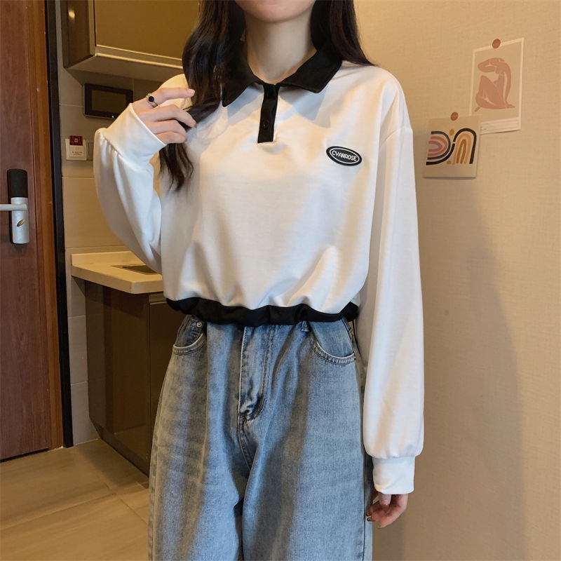 COZOK Áo Thun Sweater Tay Dài Cổ Polo Phối Dây Rút Cá Tính