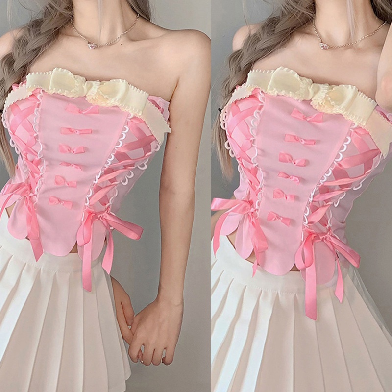 Áo Lót Croptop Màu Hồng Hở Lưng Phong Cách Vintage Đường Phố Cho Nữ