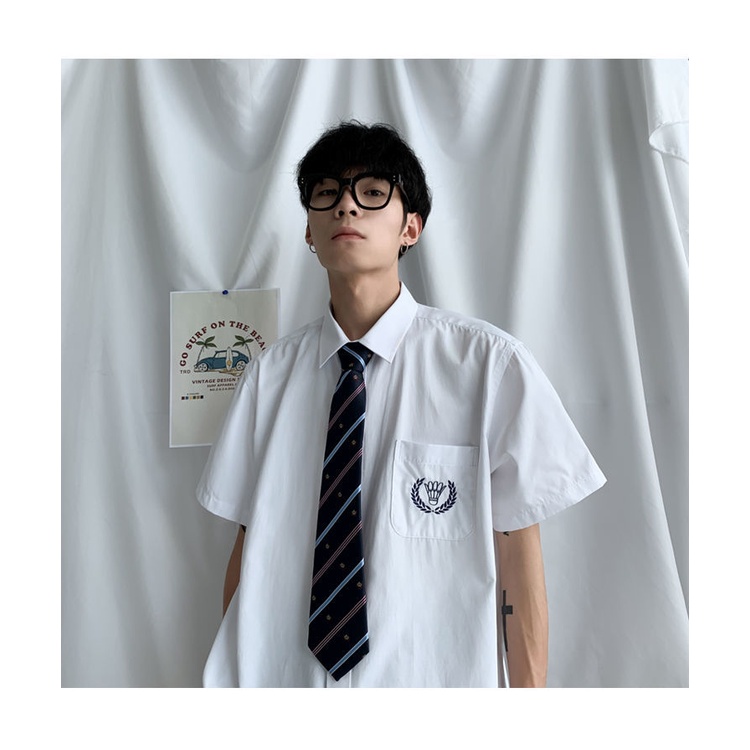Áo Sơ Mi Trắng Dài Tay Phối Cà Vạt Thêu Họa Tiết Phong Cách Học Sinh