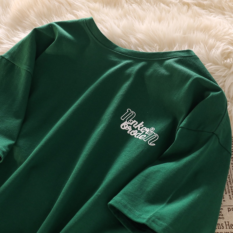 NUZIRO  Áo thun nữ  tay ngắn cổ tròn màu xanh lục thời trang