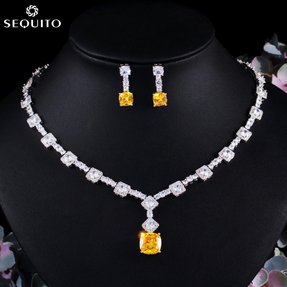 Sequito Bộ Vòng cổ + Bông Tai Đính Đá Zircon Hình Vuông Màu Bạc / Vàng Thời Trang Cho Nữ JS135