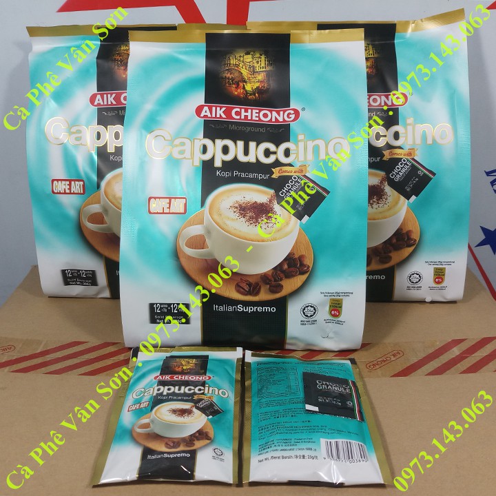 03 bịch Cà phê Cappuccino Aik Cheong 306g (12 gói * 25g) kèm gói Caocao nhỏ 0.5g