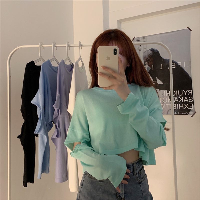 SUXI Áo Thun Dệt Kim Tay Dài Cổ Tròn Lưng Cao Thời Trang Mùa Thu Hàn Quốc Cho Nữ
