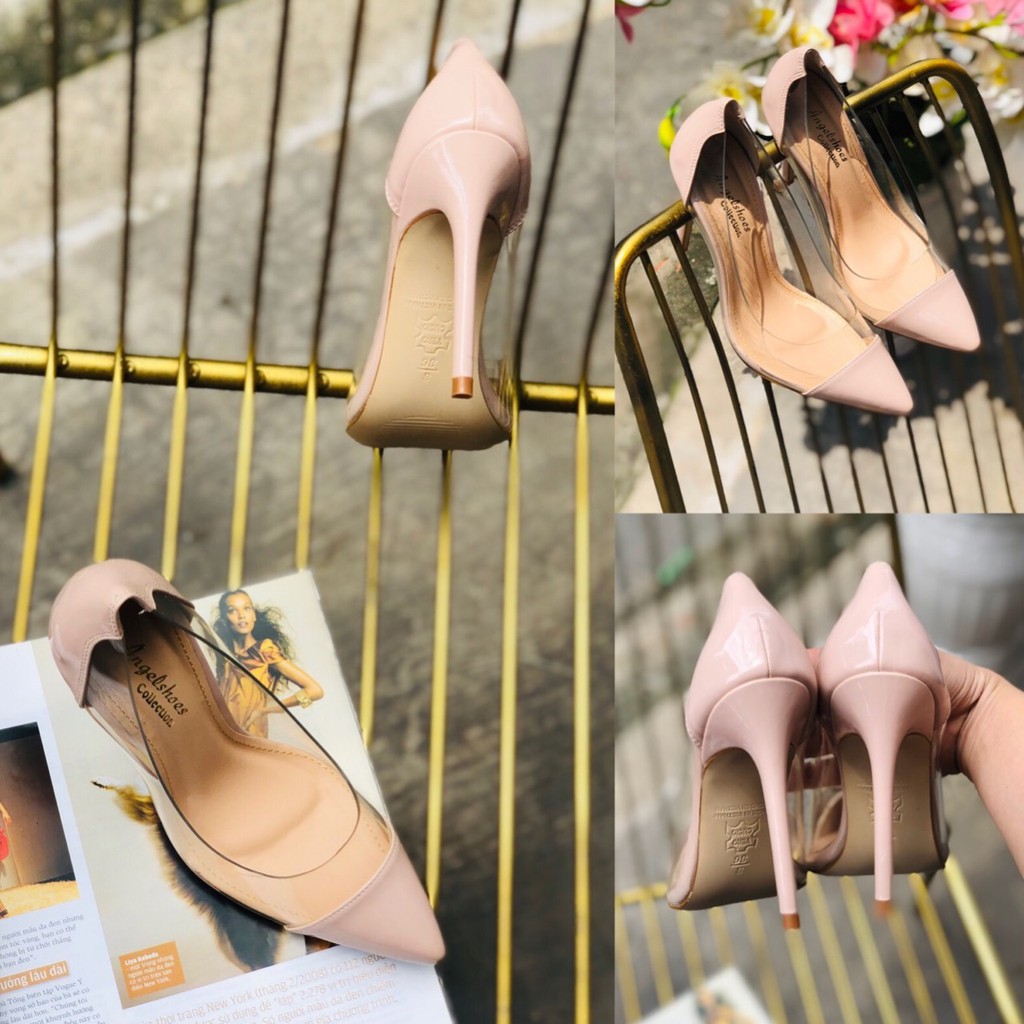 [Mã FATHANG5 giảm 10K đơn 50K] GIÀY CAO GÓT DÁNG LOUBOUTIN NUDE PHỐI MICA TRONG