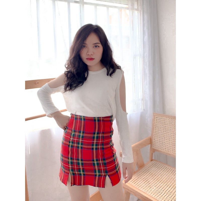 (Ảnh shop chụp) Chân váy kẻ caro đỏ