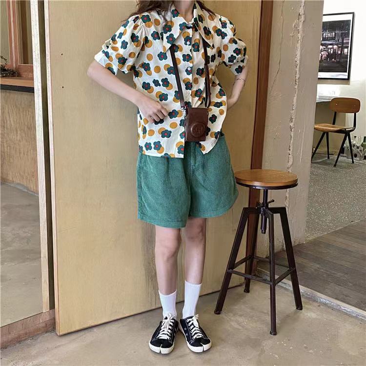 Áo Sơ Mi Tay Ngắn Phồng Cổ Búp Bê In Hoa Phong Cách Retro Pháp Cho Nữ