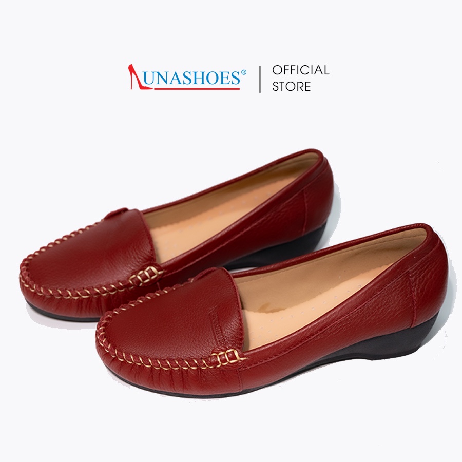 Giày đế xuồng nữ 3p da bò LUNASHOES 24804 moca mũi tròn đế tpr chống trơn lót êm không đau phối đồ trung niên cho mẹ