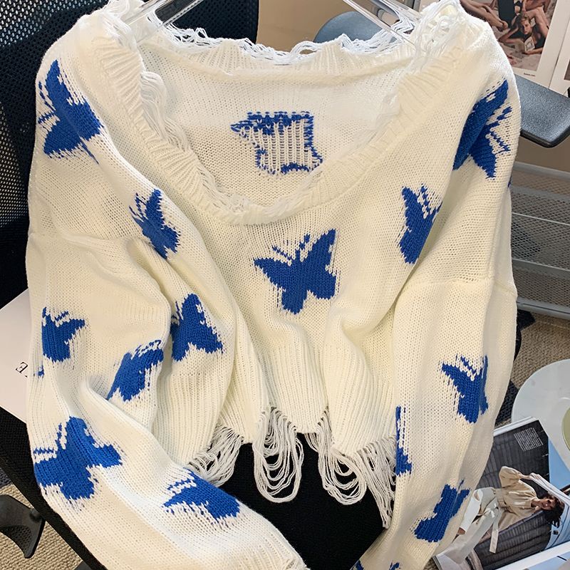 Áo Sweater Dệt Kim Trễ Vai Phối Rách Kiểu Hàn Quốc Thời Trang Mùa Thu Cá Tính