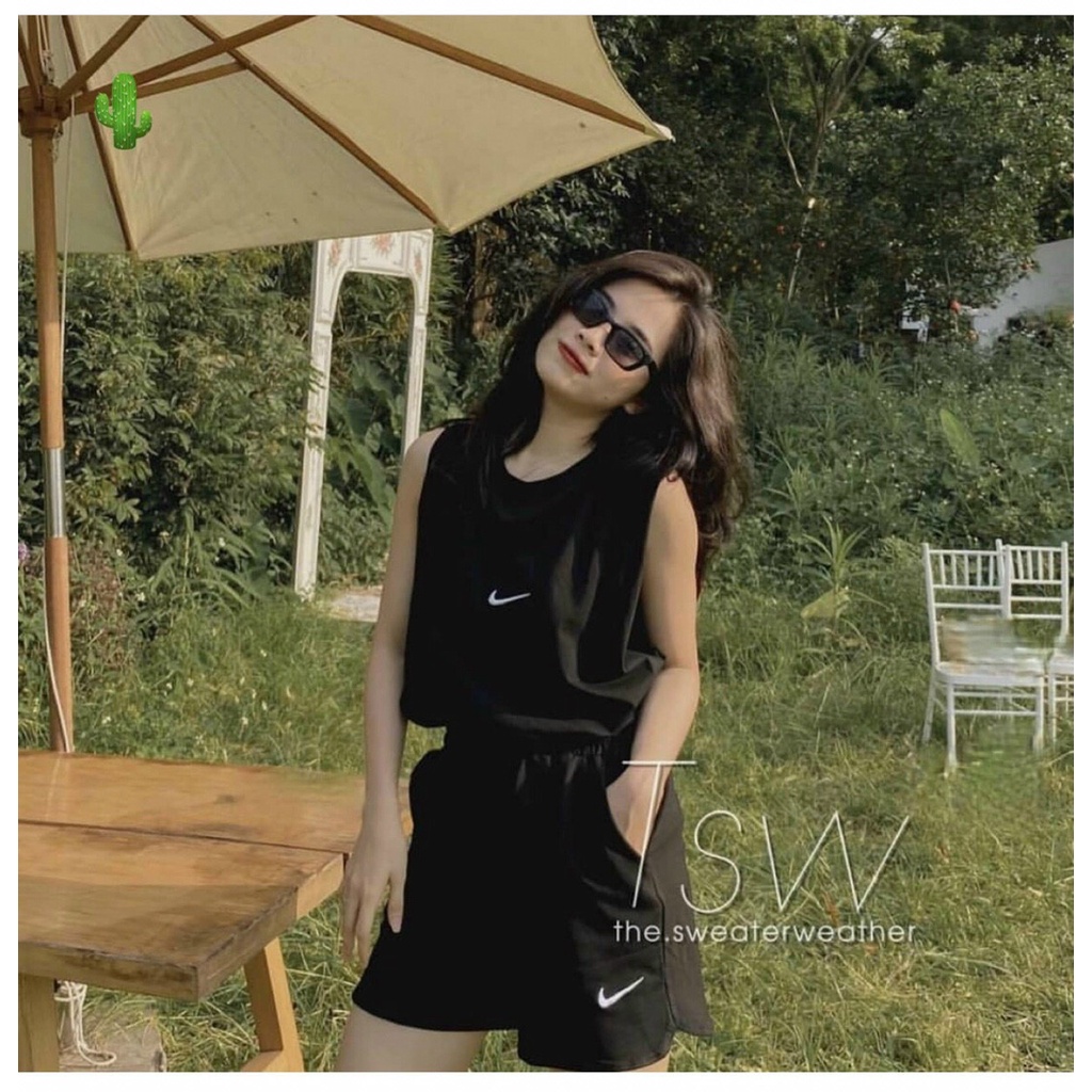 Set bộ tanktop Áo tanktop + quần THÊU tích, chất cotton mịn mát, 3 màu alohashop91