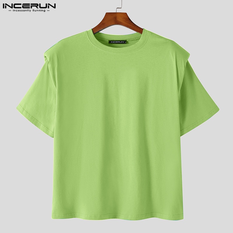 Áo thun INCERUN trơn màu tay ngắn cổ tròn dáng rộng đơn giản cho nam