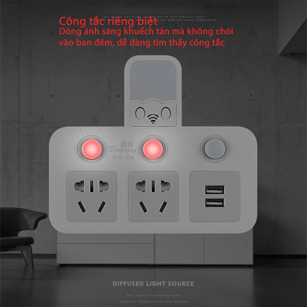 Ổ cắm 2 chân 2 usb có remote điều khiển từ xa - Phích cắm chuyển đổi đa năng thông minh có công tắc riêng phát sáng