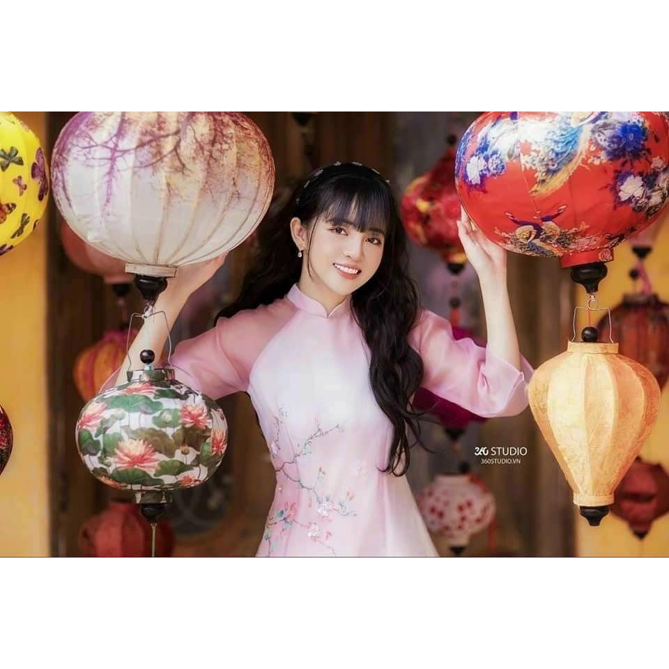 Áo dài cách tân tơ oganza 4 tà kết chim đào màu phớt hồng áo dài cách tân kết đính MS14 .