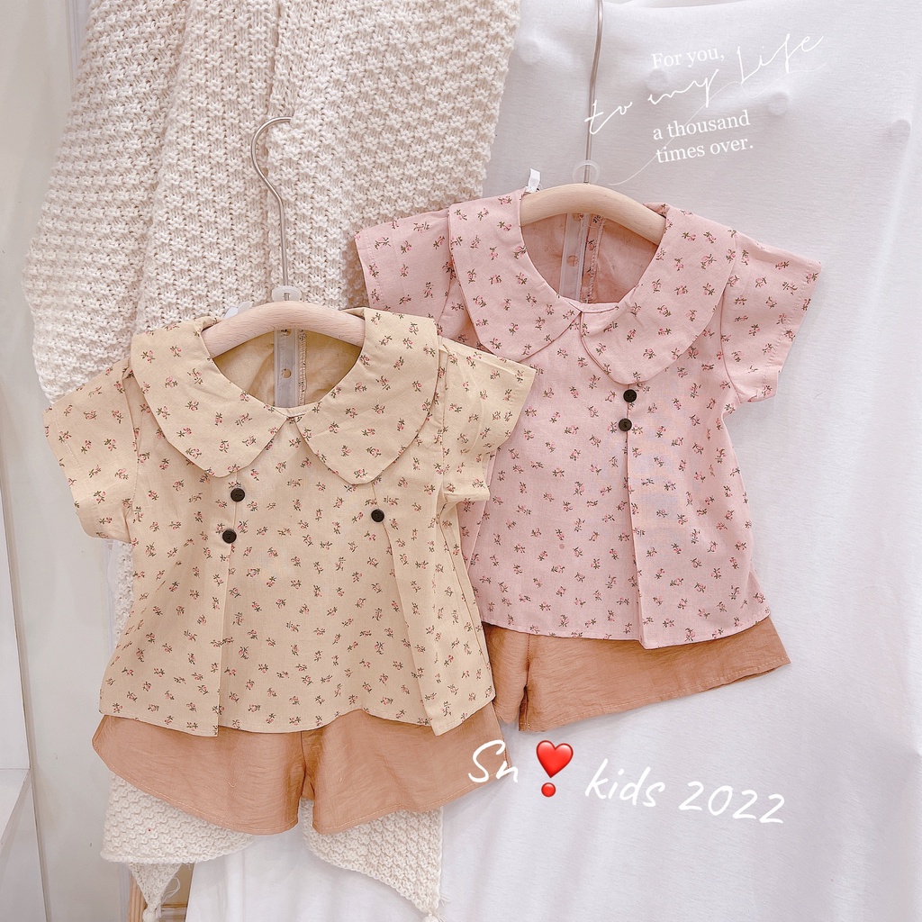 Bộ cộc tay bé gái, Sét tiểu thư áo hoa nhí quần nâu chất linen mát mẻ cho bé size 8- 35kg