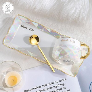 Set cốc Good life kèm đĩa,thìa cao cấp (Men sáng bóng,hàng chuyên xuất Âu)