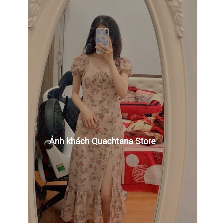 Đầm hoa thêu cổ vuông nhún ngực xẻ tà lai bèo