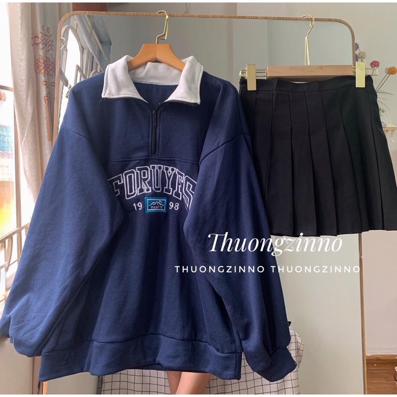 [Ảnh thật/Video] Áo Hoodie thêu chữ tay bồng xanh dương áo thun dài tay phong cách Hàn Quốc