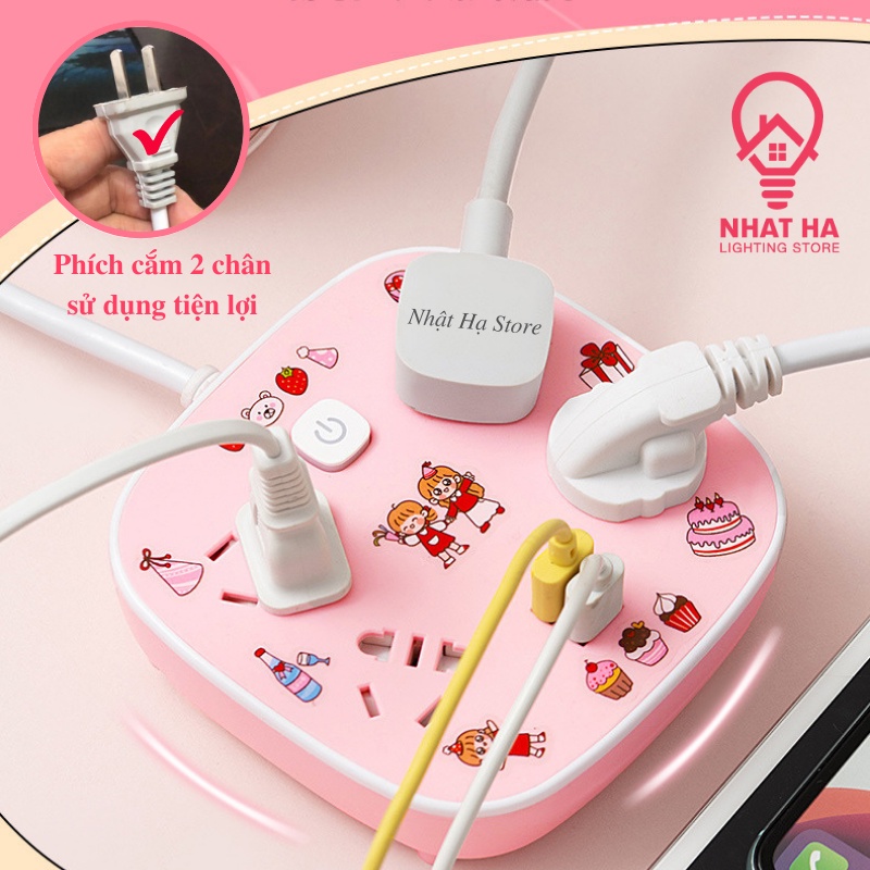 Ổ Cắm Điện Mini Màu Hồng Dễ Thương Nhật Hạ Dây Dài 3m Có 2 Cổng USB OD319 - Mua 1 Tặng 1 Sticker Cute