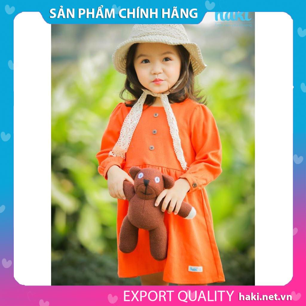 Váy bé gái dài tay Haki vải Linen cao cấp HK493 (Cam)