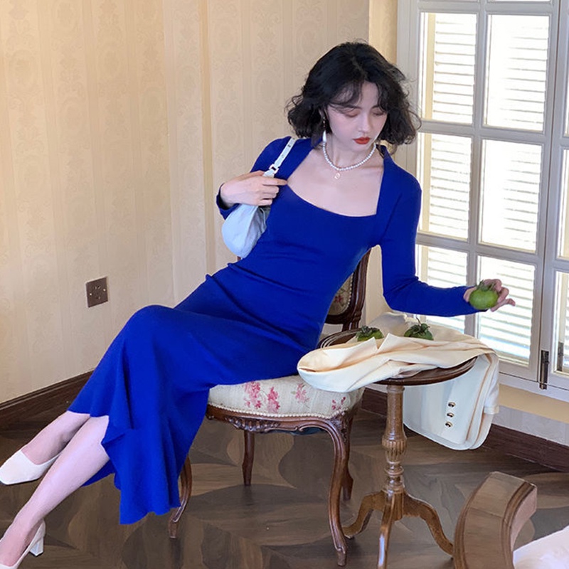 Đầm IELGY dệt kim tay dài cổ vuông phong cách Hong Kong cổ điển thời trang cho nữ