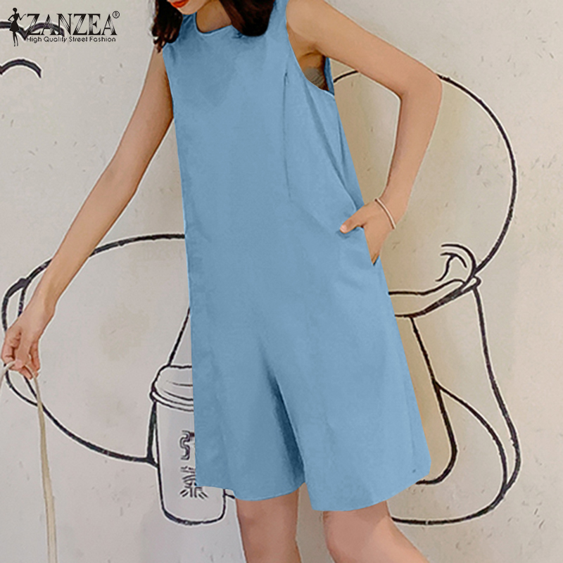Jumpsuit Nữ ZANZEA Ngắn Ống Rộng Không Tay Khóa Kéo Sau Lưng Thời Trang Thường Ngày