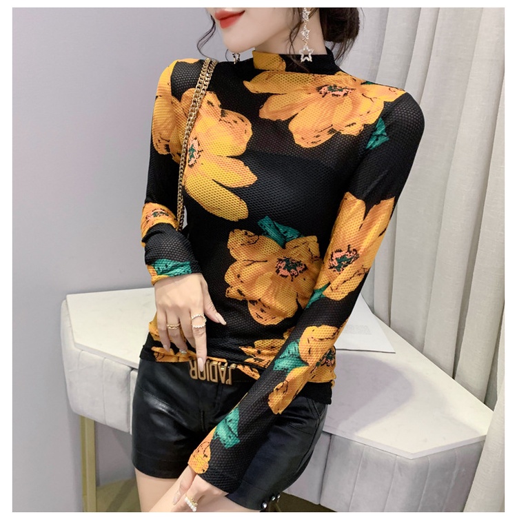 Cổ lọ in họa tiết thời trang thu đông áo lưới dài tay Áo thun dài tay nữ