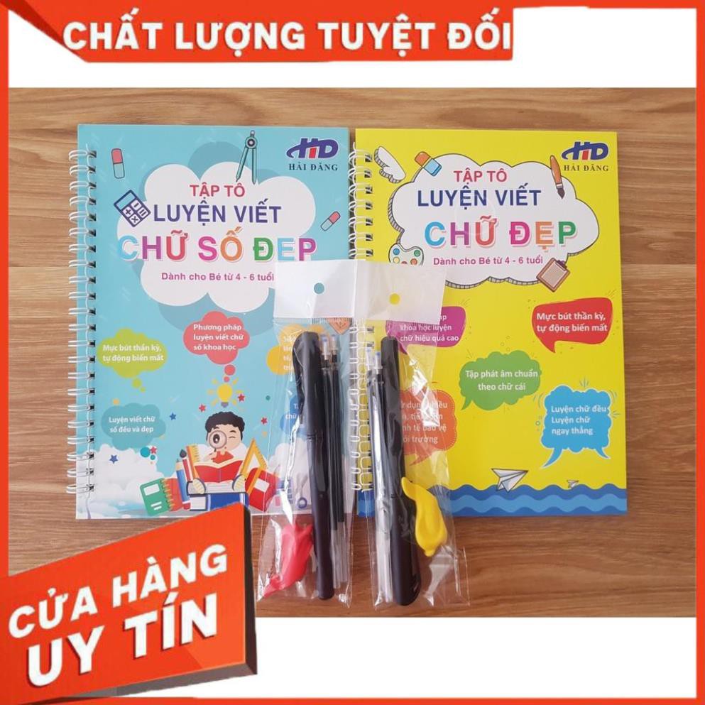 Combo 2 quyển vở luyện viết chữ và số đẹp tự xóa chuẩn tiếng Việt kèm 2 bút 6 ngòi 2 cá heo định hình