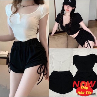 Sét áo croptop gân tay ngắn kèm quần rút dây đùi lưng thun