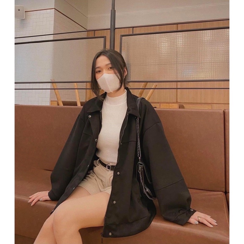 Áo khoác bomber da lộn nữ form rộng cúc bấm style Hàn Quốc