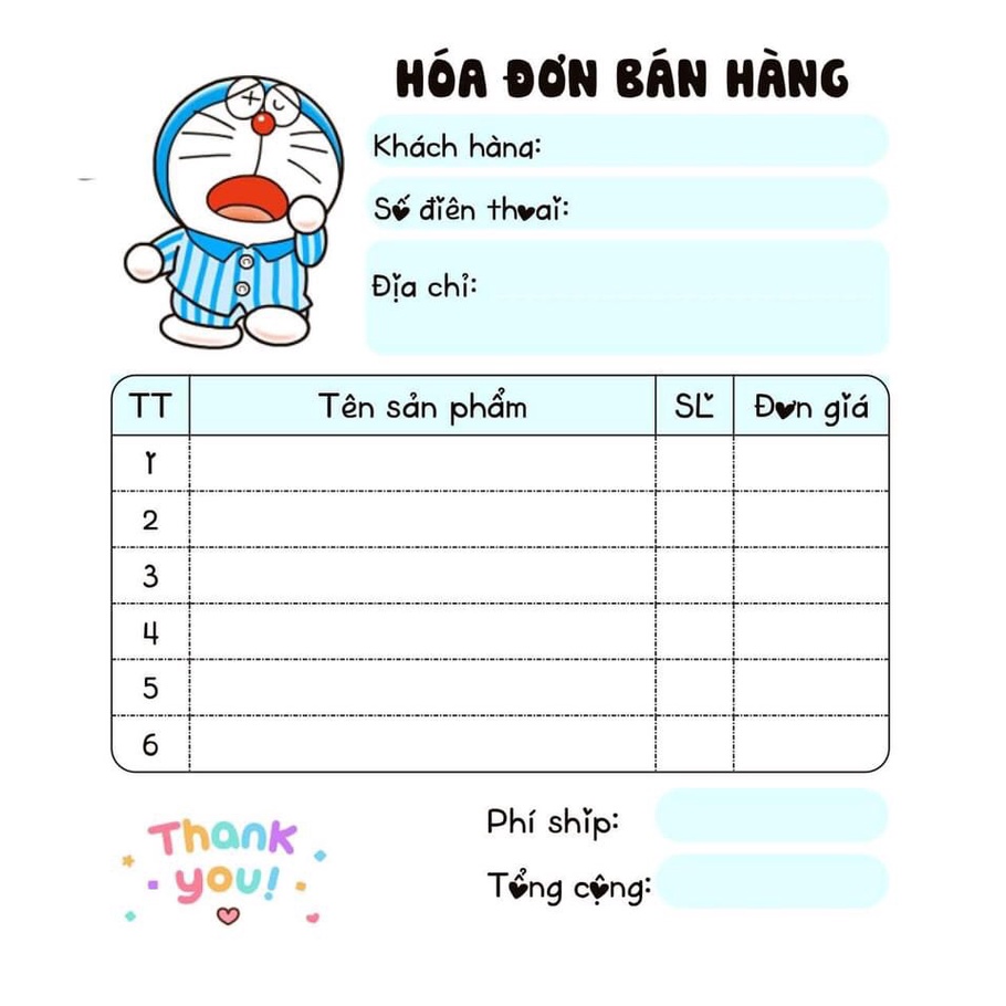 [10 CUỐN TẶNG 1 CUỐN] 10 cuốn HOÁ ĐƠN BÁN HÀNG DOREMON MINI DỄ THƯƠNG 9 x 10 cm.