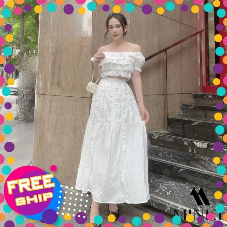 [SALE_SỐC_45%] [HÀNG THIẾT KẾ] SET ÁO BÈO NHÚN + CHÂN VÁY DÀI - CHẤT LANH LỤA NHẬP KHẨU - MÀU XANH/ TRẮNG [SIÊU PHẨM] | BigBuy360 - bigbuy360.vn