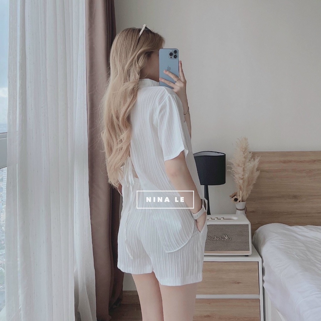 Set bộ cộc tay đi biển,set sơ mi đùi áo xẻ lưng cột nơ sau, bộ đùi basic hở lưng cá tính chất nổi