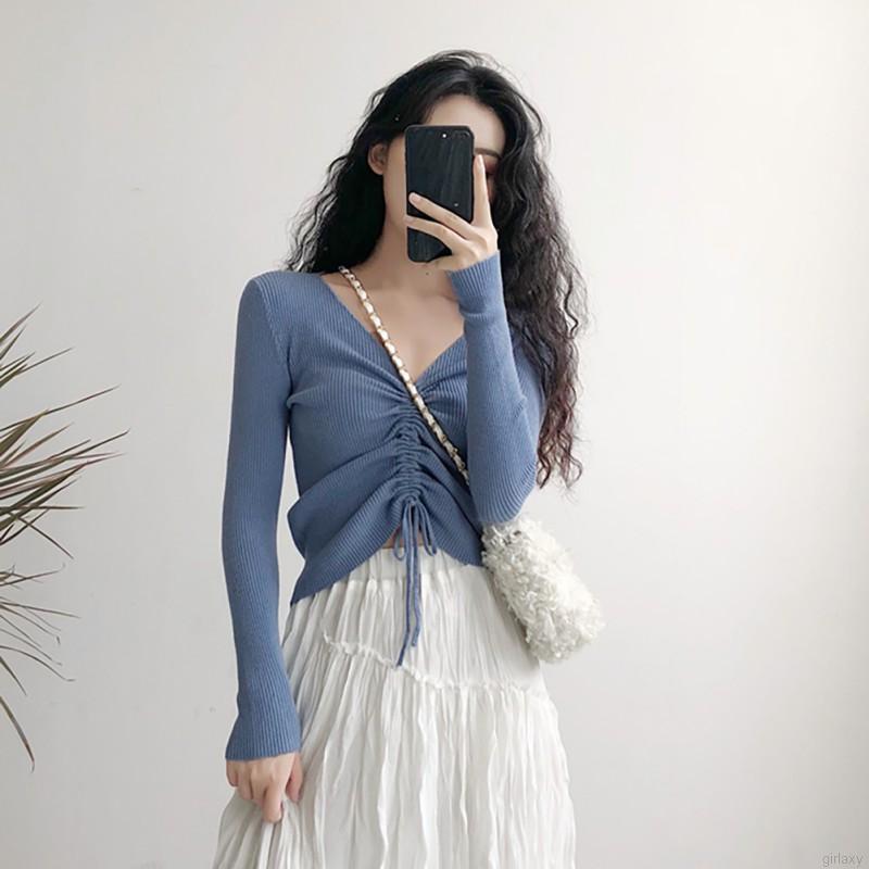 Áo Sweater Nữ Tay Dài Cổ Chữ V Màu Trơn Phong Cách Hàn Quốc | BigBuy360 - bigbuy360.vn