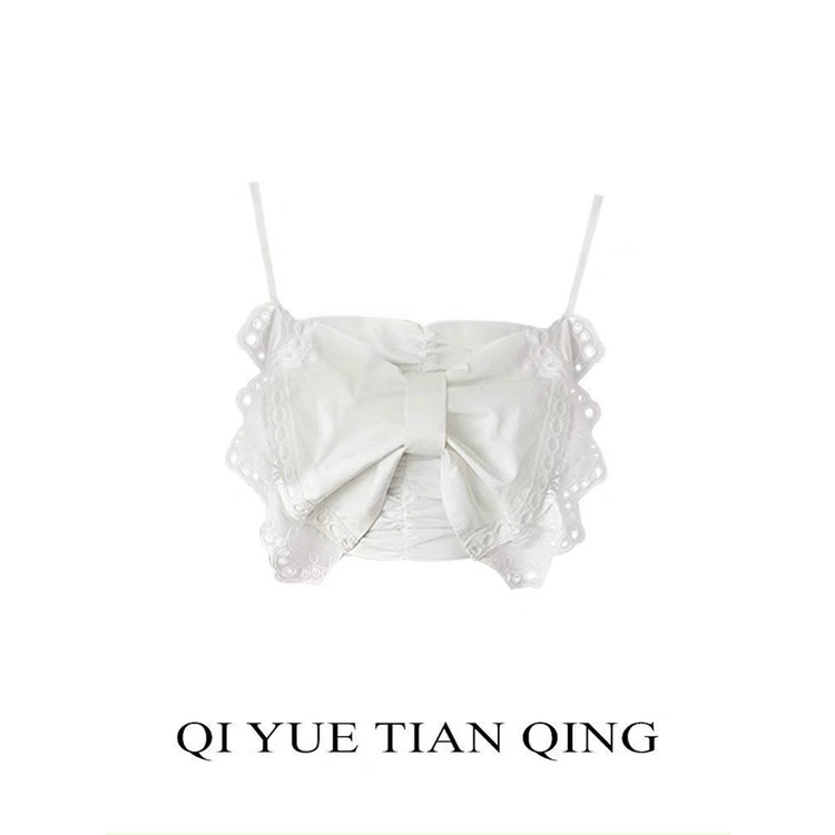 Áo kiểu croptop 2 dây viền ren nhúm lưng đính nơ ngực hot NU50