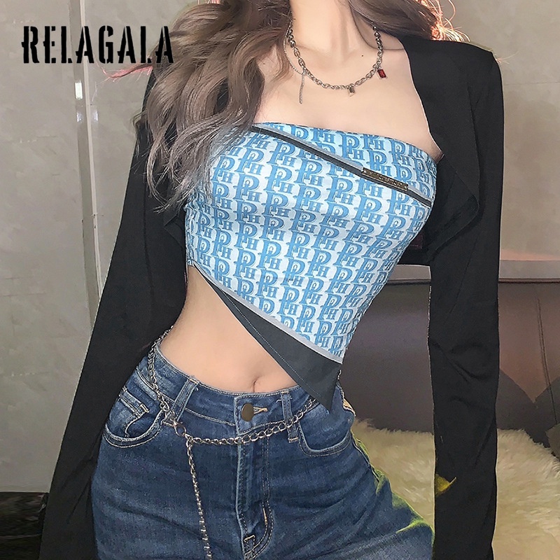 Áo Lửng Tay Dài Dáng Ôm In Họa Tiết Thời Trang Cho Nữ