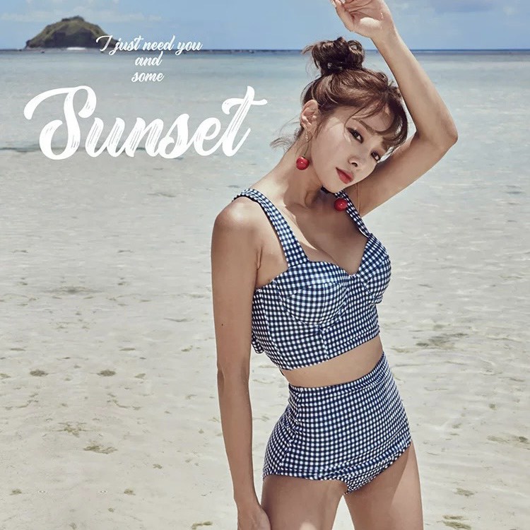 Bikini đồ bơi hai mảnh cạp cao tôn dáng, áo nâng ngực họa tiết kẻ caro xanh Cici