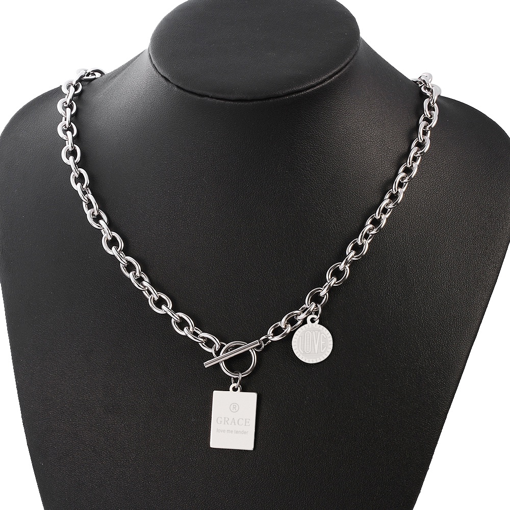 Vòng cổ Choker bằng thép không gỉ mặt tròn và chữ nhật phong cách Hip Hop tối giản mới cho cặp đôi