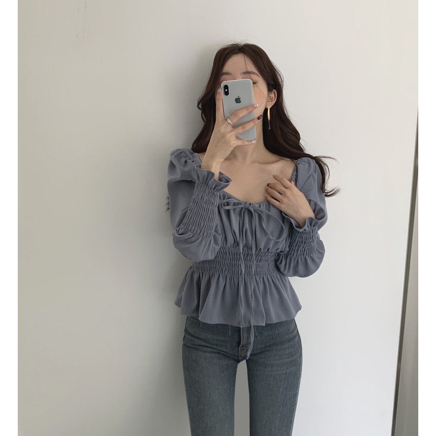 COZOK Áo Sơ Mi Tay Dài Cổ Vuông Nhấn Eo Phong Cách Retro Nữ Tính